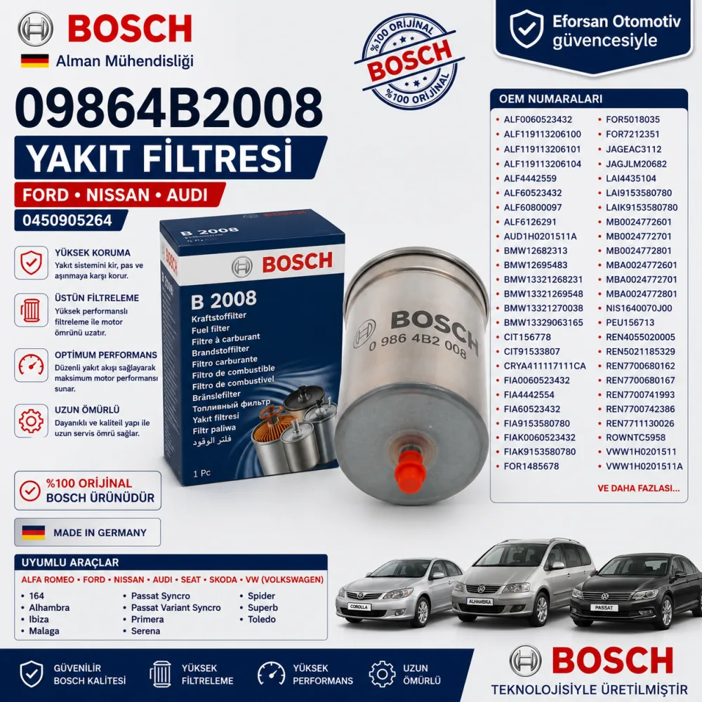 Yakıt Filtresi Ford Nissan Audi Uyumlu 09864B2008