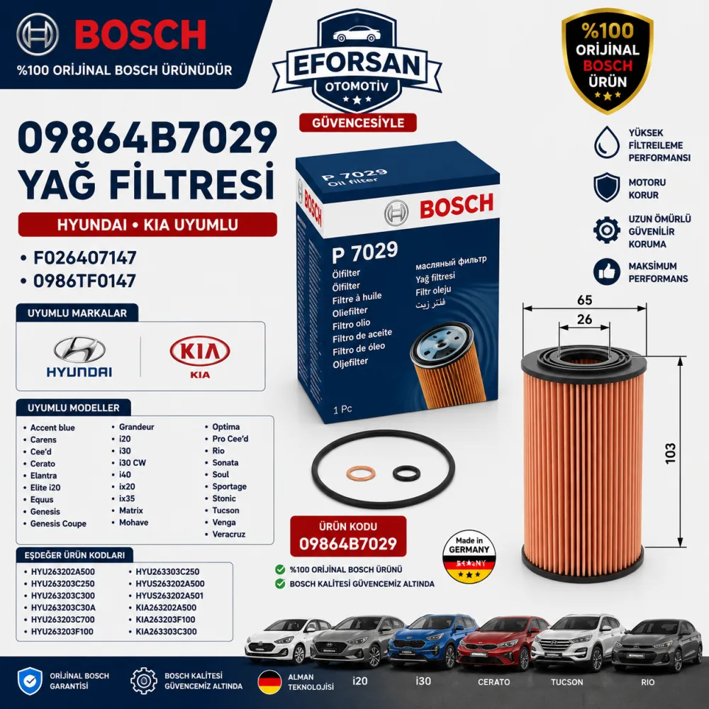 Yağ Filtresi Kia Hyundai Uyumlu 09864B7029