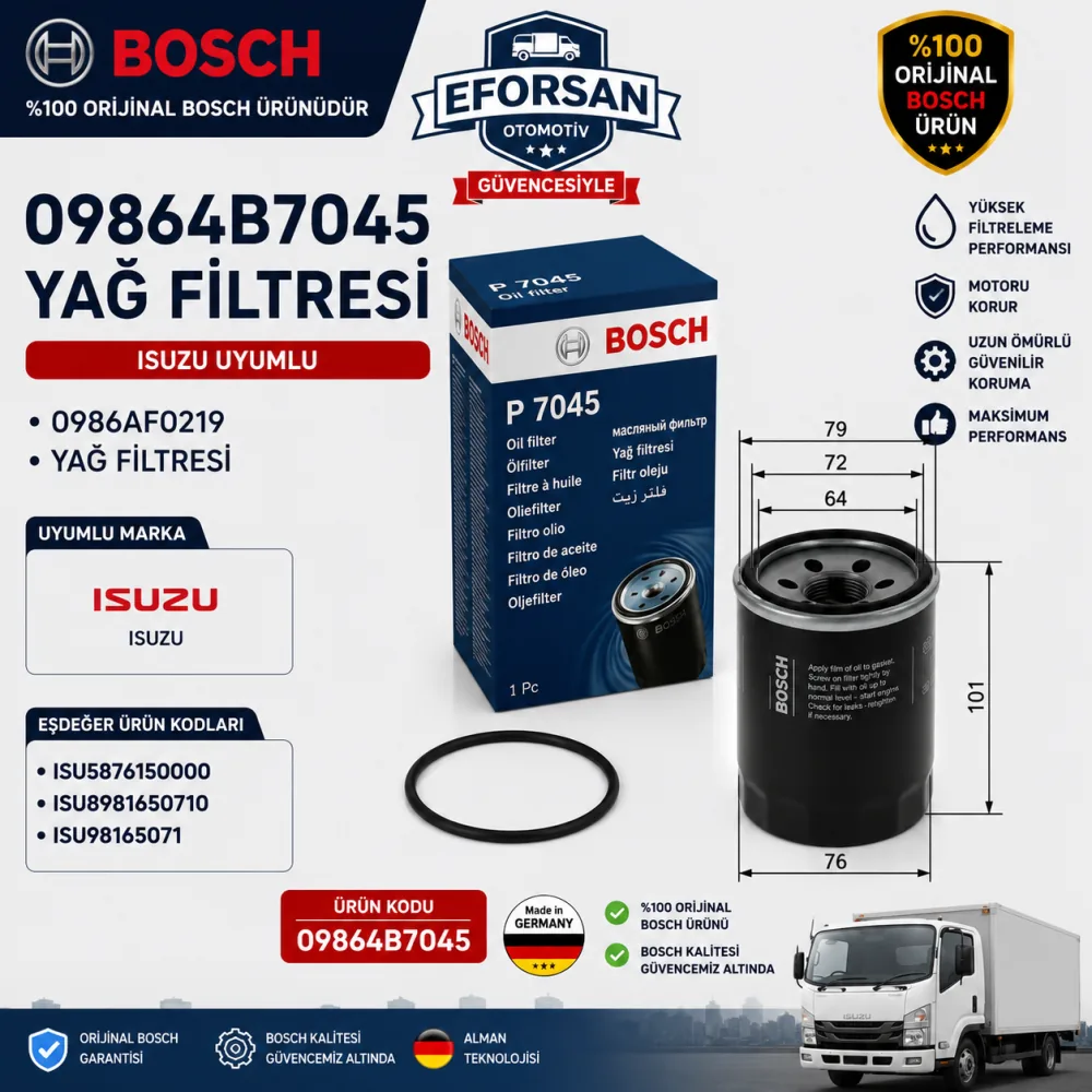 Yağ Filtresi Isuzu Uyumlu 09864B7045