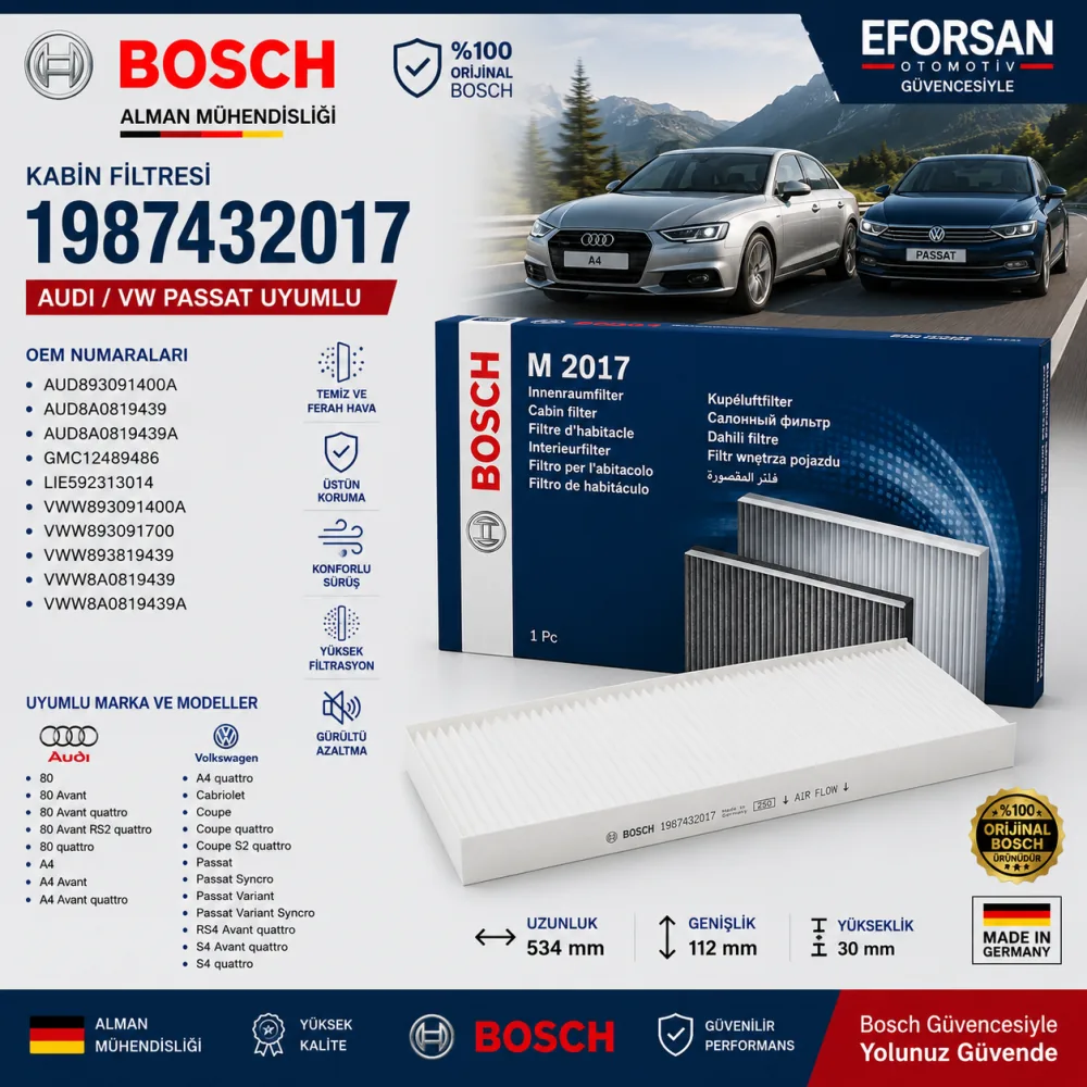 Polen Kabin Filtresi Audi Volkswagen Uyumlu 1987432017