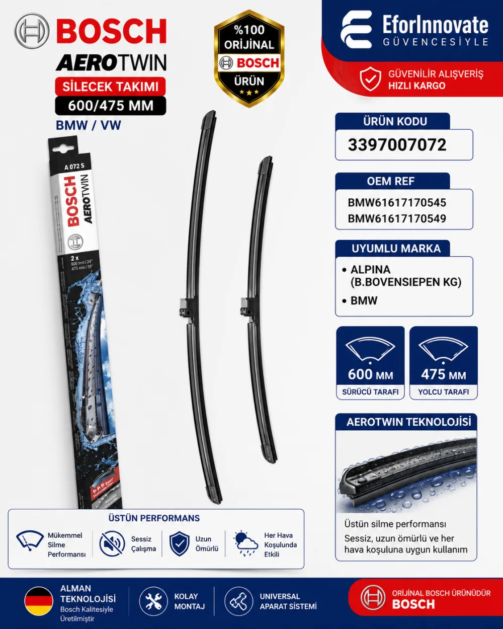 Aerotwin Silecek Takımı 600/475 mm Bmw Volkswagen Uyumlu 3397007072