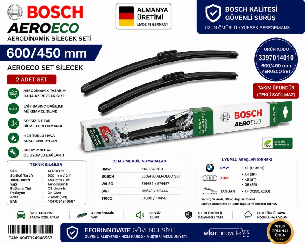 Aeroeco Silecek Takımı 600/450 mm Bmw Uyumlu 3397014010