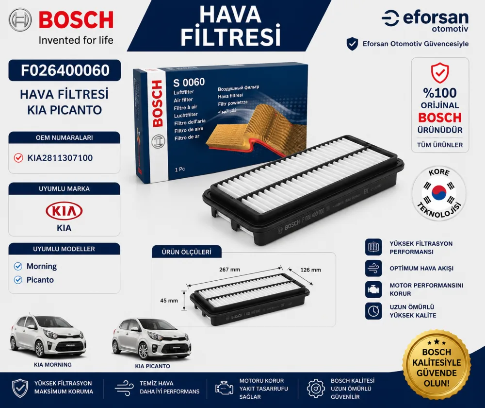 Hava Filtresi Kia Uyumlu F026400060