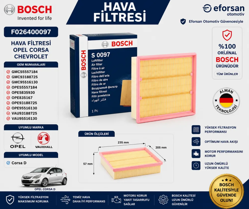 Hava Filtresi Opel Chevrolet Uyumlu F026400097
