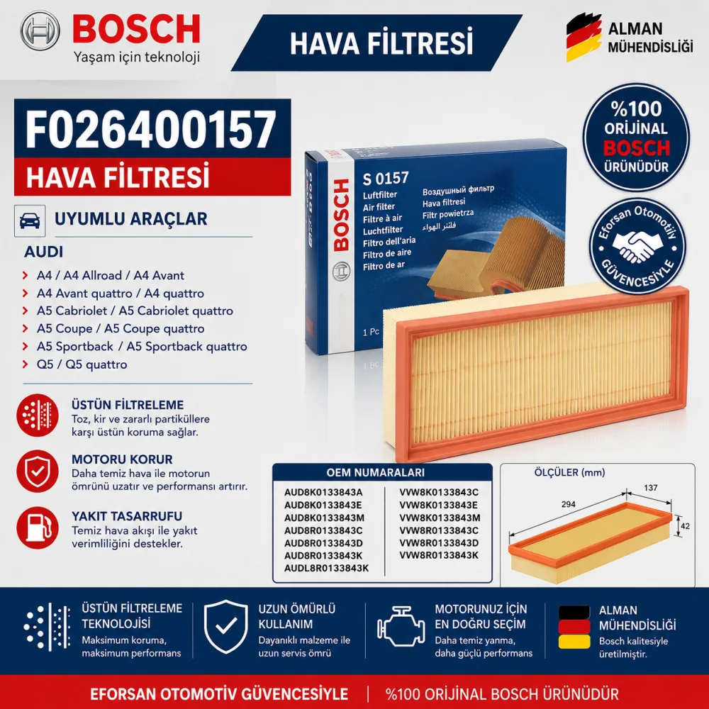 Hava Filtresi Audi Uyumlu F026400157
