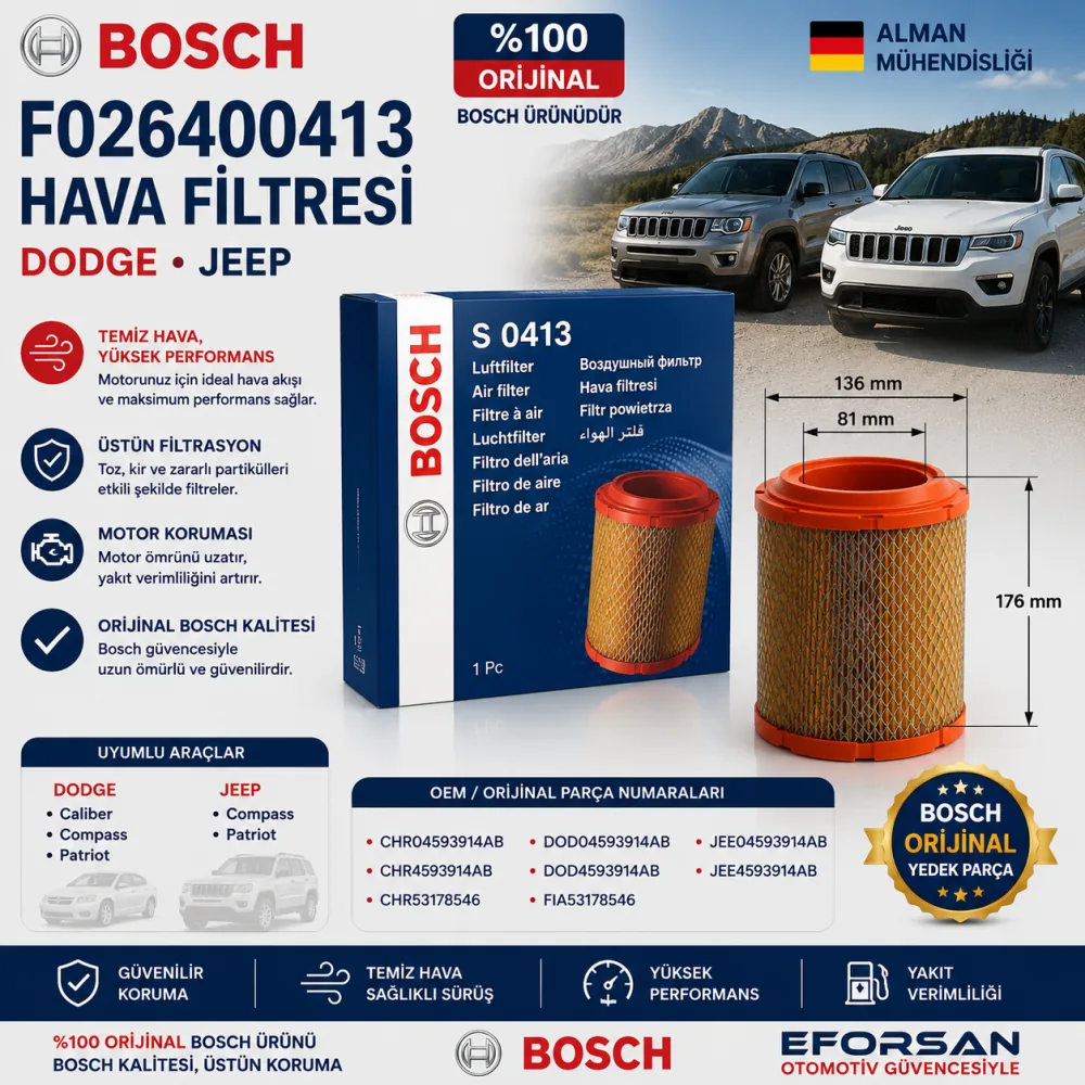 Hava Filtresi Dodge Jeep Uyumlu F026400413
