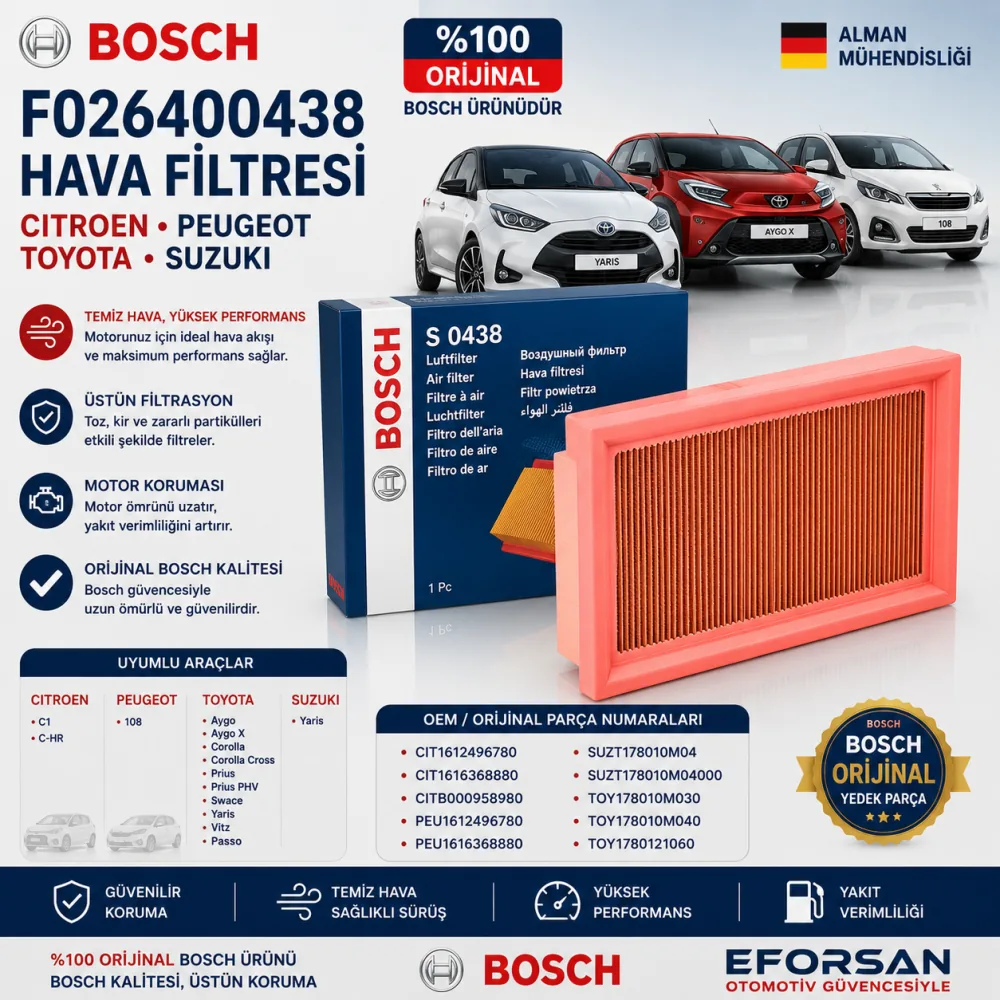 Hava Filtresi Citroen Peugeot Toyota Uyumlu F026400438