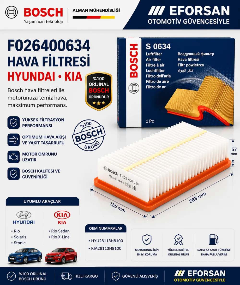 Hava Filtresi Hyundai Kia Uyumlu F026400634