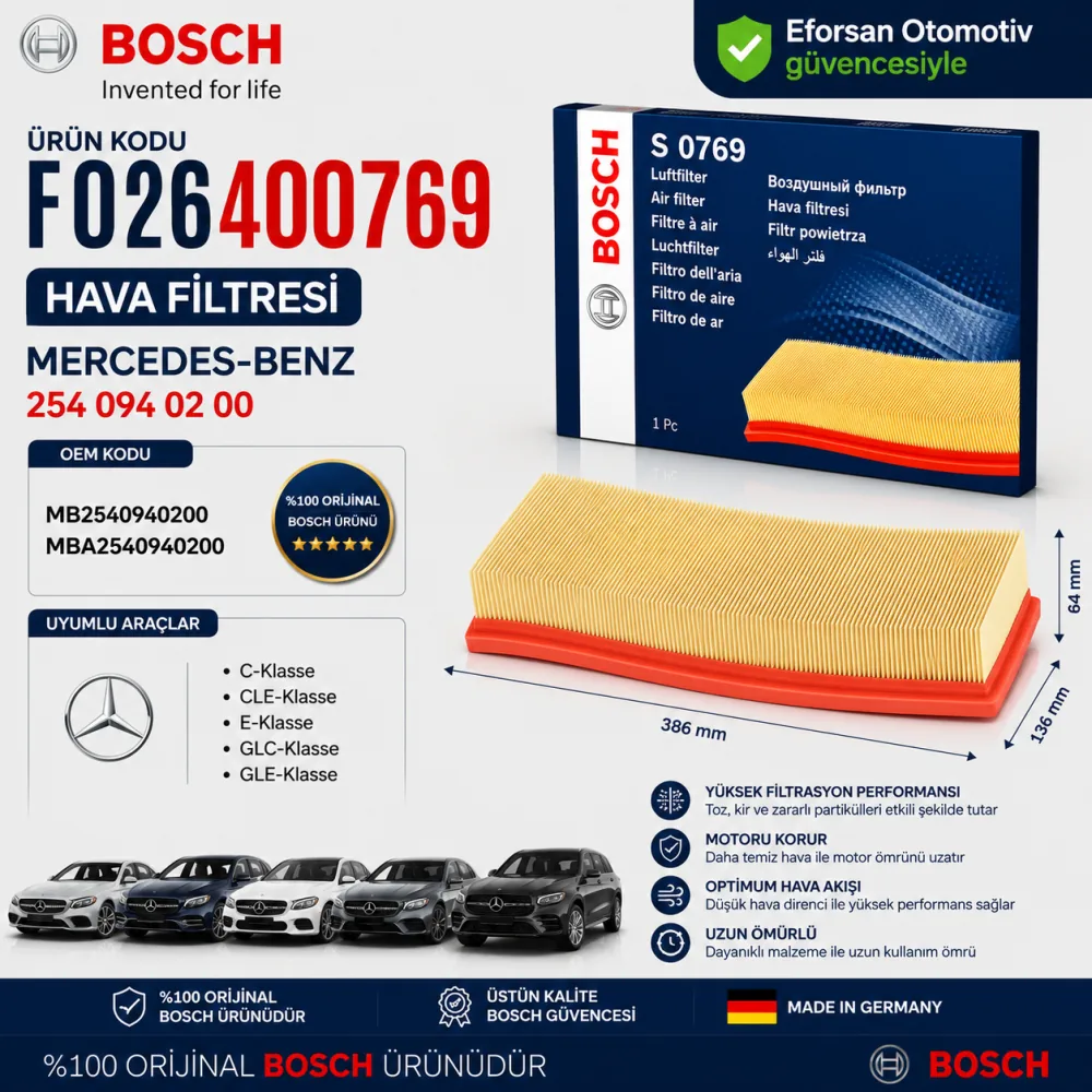 Hava Filtresi Mercedes Uyumlu F026400769