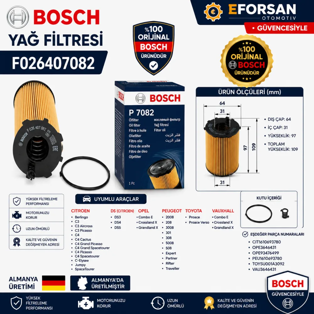 Yağ Filtresi Peugeot Citroen Uyumlu F026407082