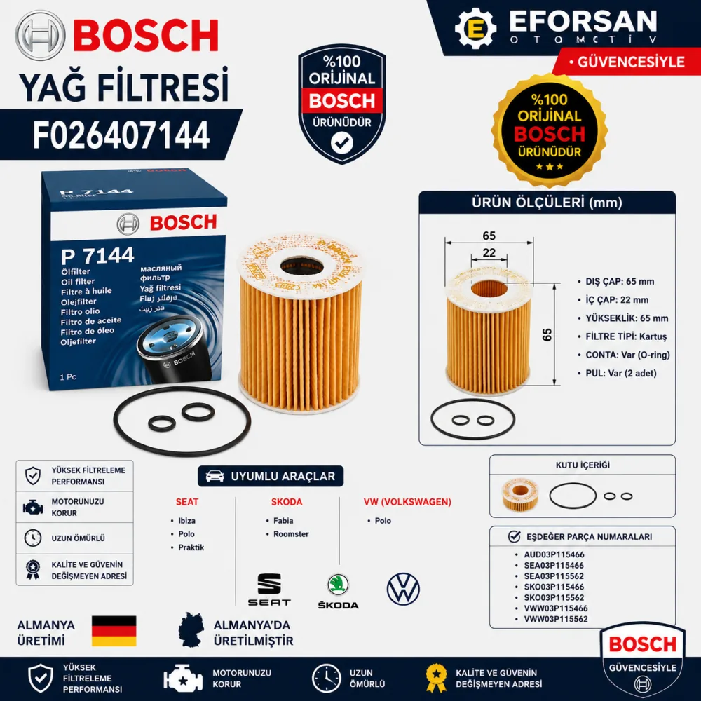Yağ Filtresi Volkswagen Uyumlu F026407144