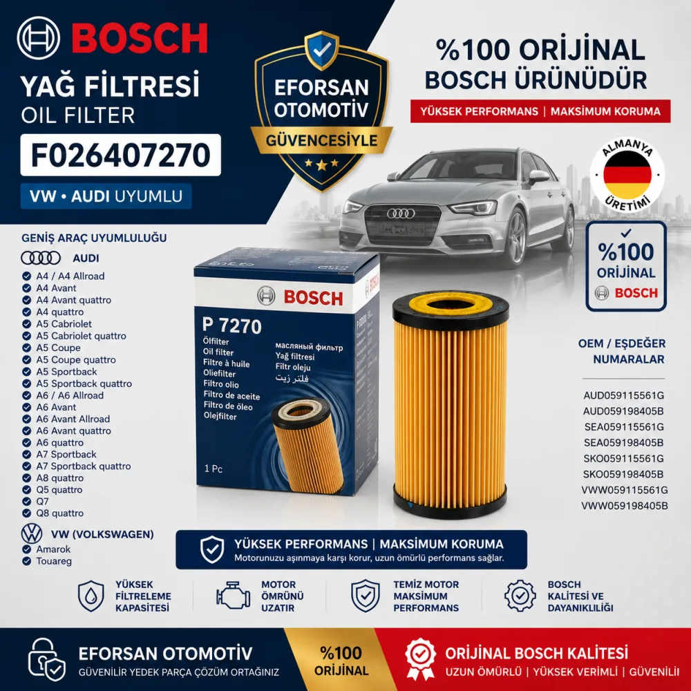 Yağ Filtresi Volkswagen Audi Uyumlu F026407270